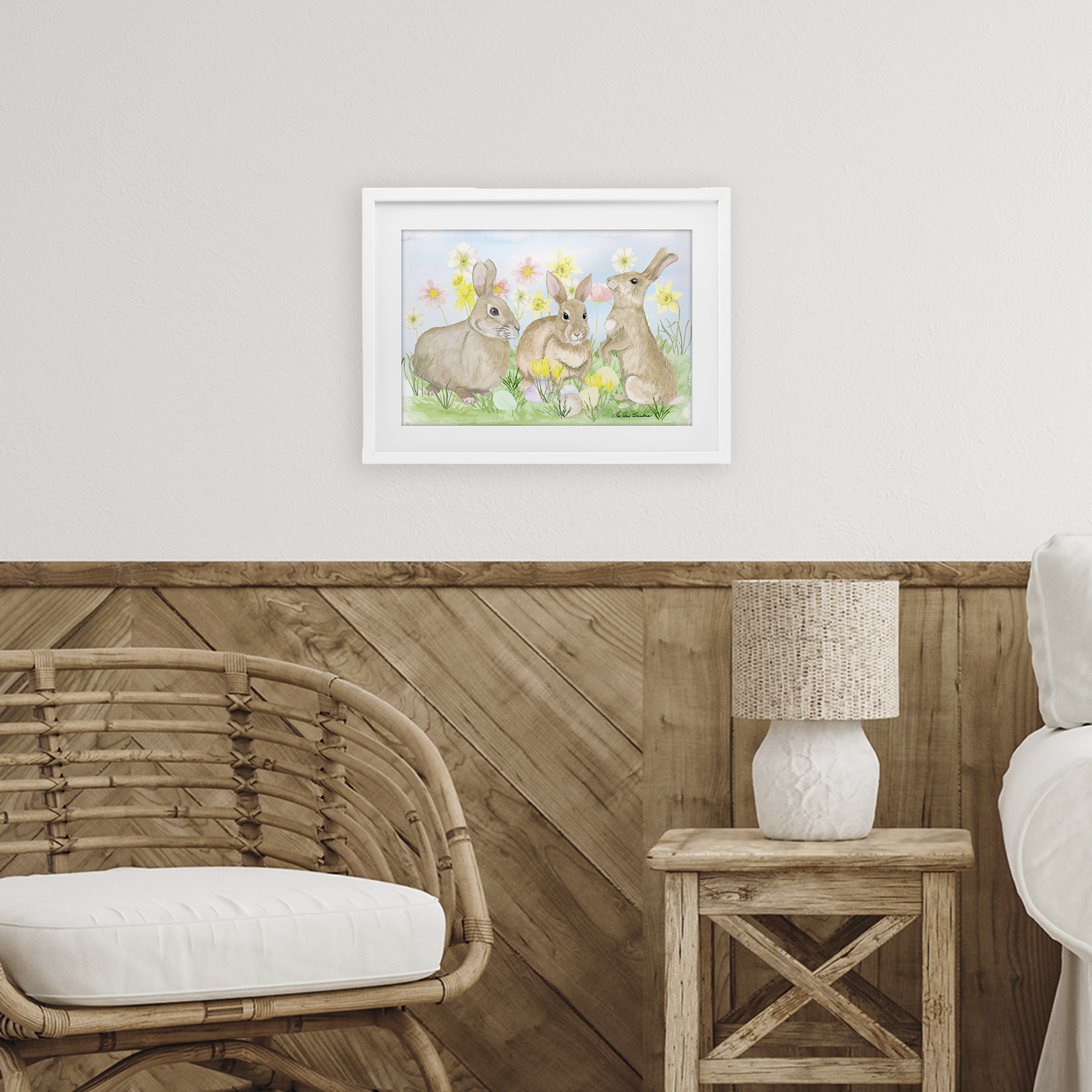 Three Bunnies In The Grass White Framed Print Under Glass, design by Lee Ann Sanders