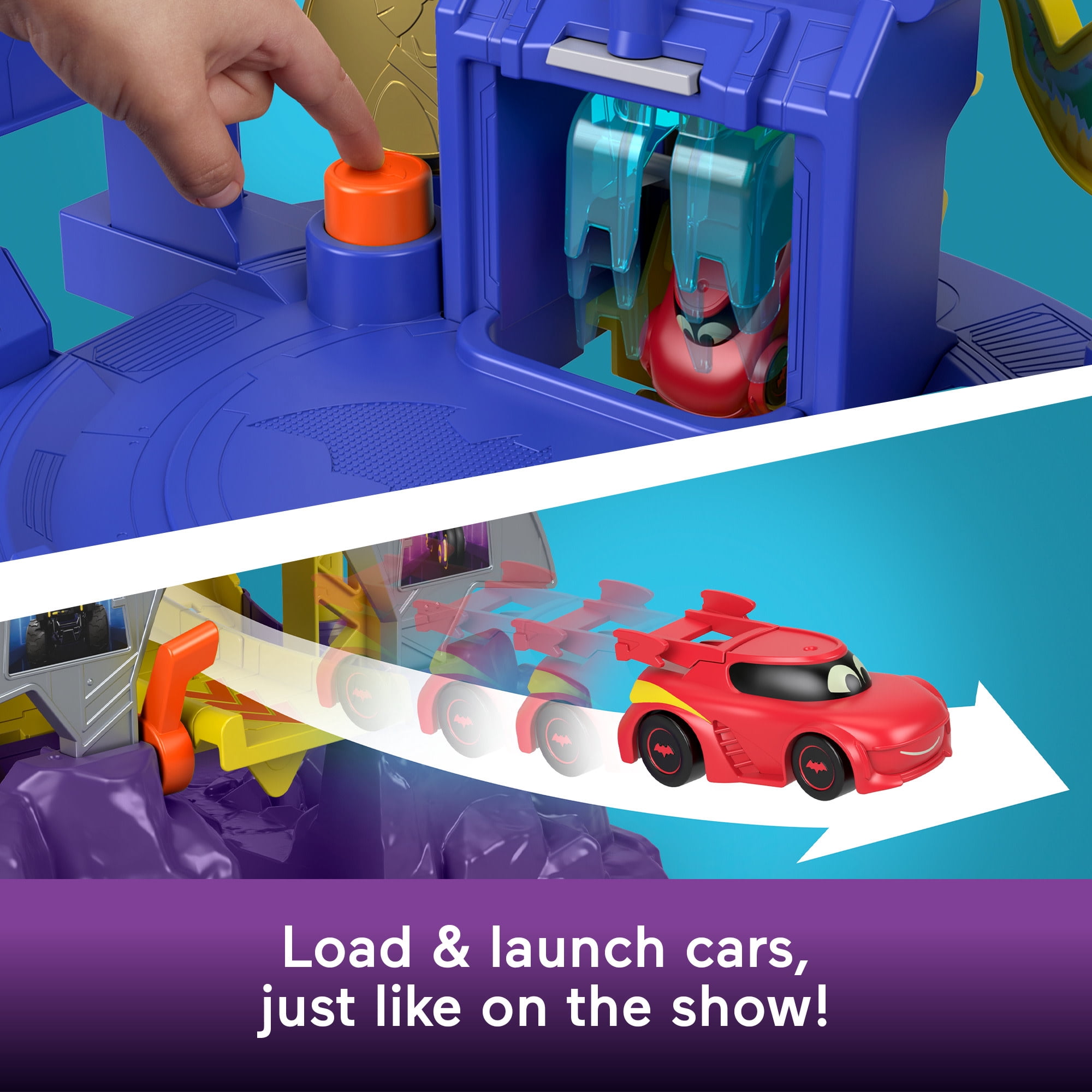 Fisher-Price DC Batwheels Race Track Playset, Launch & Race Batcave with Lights Sounds & 2 Toy Cars