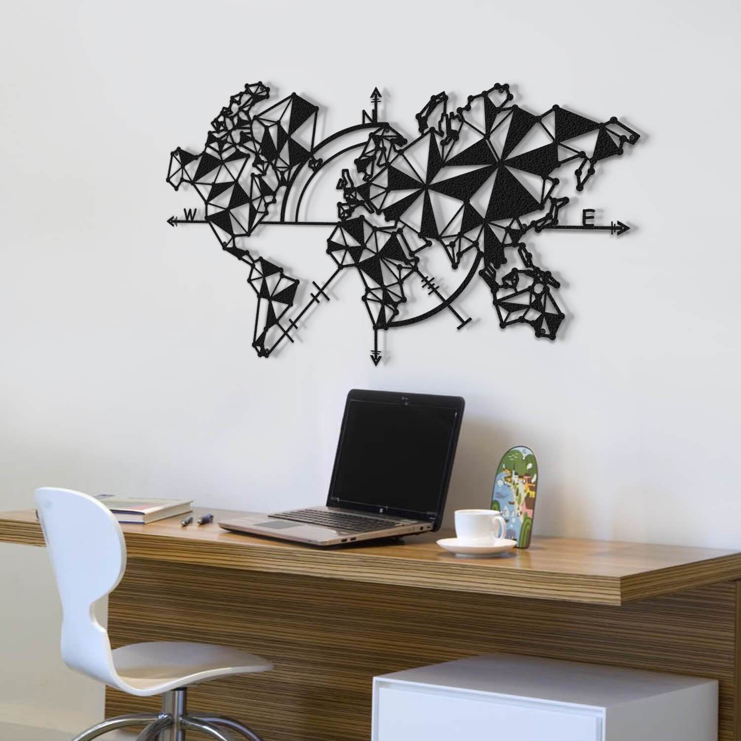 Metal World Map 9015 Geometric Large Metal World Map with Compass