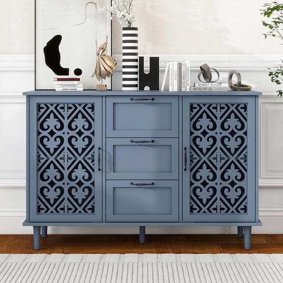 LFGUIZO 47″Blue Sideboard with 3 Drawers, 2 Doors and 2 Shelves,Bohemia Accent Storage Cabinet with Heart-Shaped Carved Doors,Living room, TV cabinet
