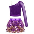 thumbnail image 2 of Alvivi Girls Sequins Long Sleeve One Shoulder Latin Jazz Dance Crop Top with Ruffle Skirted Shorts Purple 14, 2 of 7