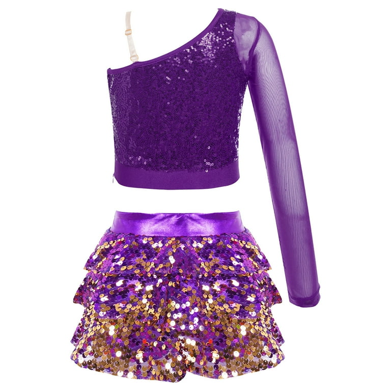 YONGHS Girls Dance Costume Long Sleeve Sequins Crop Top with Skirt