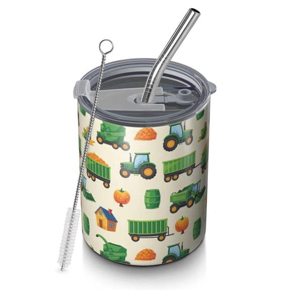 12oz Coffee Tumblers Cartoon Tractors Pumpkins Beige Pattern Stainless Steel Vacuum Insulated Travel Tumbler Coffee Cups Mug with Lid and Straw with Cleaning Brush for Cold & Hot Drinks