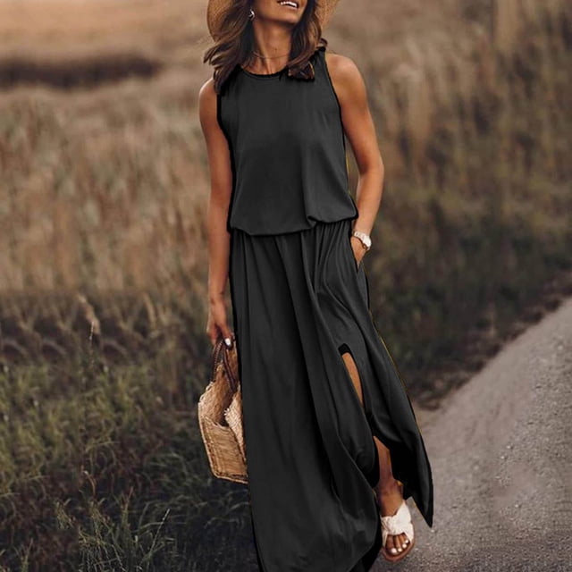 Robe Décontractée pour Femmes Robe d'Été pour Femmes Sans Manches Col Robes Maxi Couleur Unie Robe à Fente Vêtements pour Femmes G AG