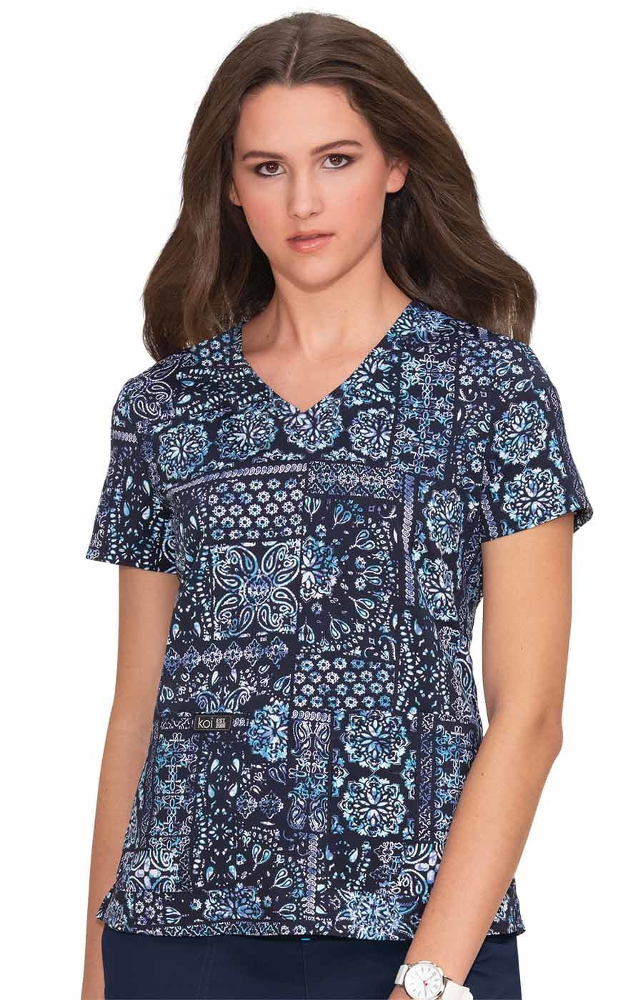 Koi Designer Scrubs Koi Basics Women's 384PR "Leslie" VNeck Print