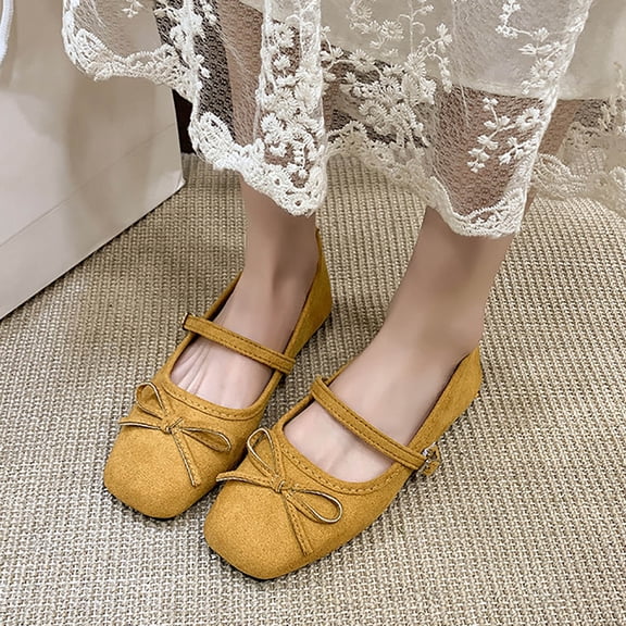 BRGZLK Women's Suede Mary Jane Flats Solid Color Square Toe Bow Comfortable Casual Soft Sole Slip-On Flats with Adjustable Ankle Strap Orange 5.5