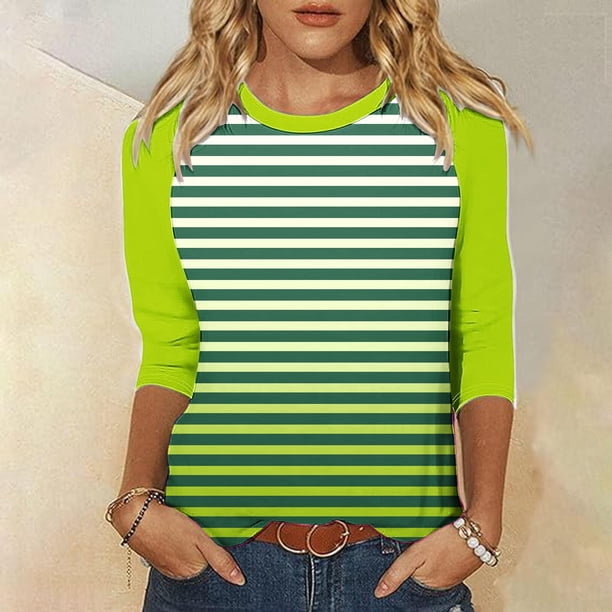 Fiudx Ofertas Flash Artículos En Oferta Top de Cuello Redondo de Manga Corta con Estampado de Rayas Degradado de Color Sólido con Manga 3/4 para Mujer