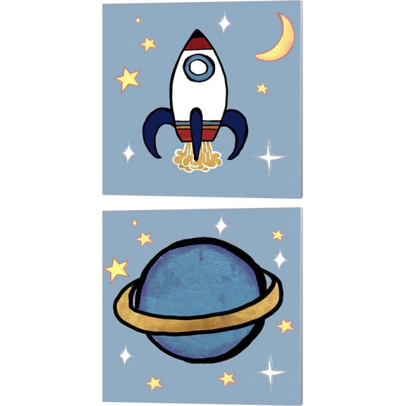 Great Art Now Rocket Ship & Space Planet by Elizabeth Medley 2 Piece Canvas Art Set Each 14"W x 14"H