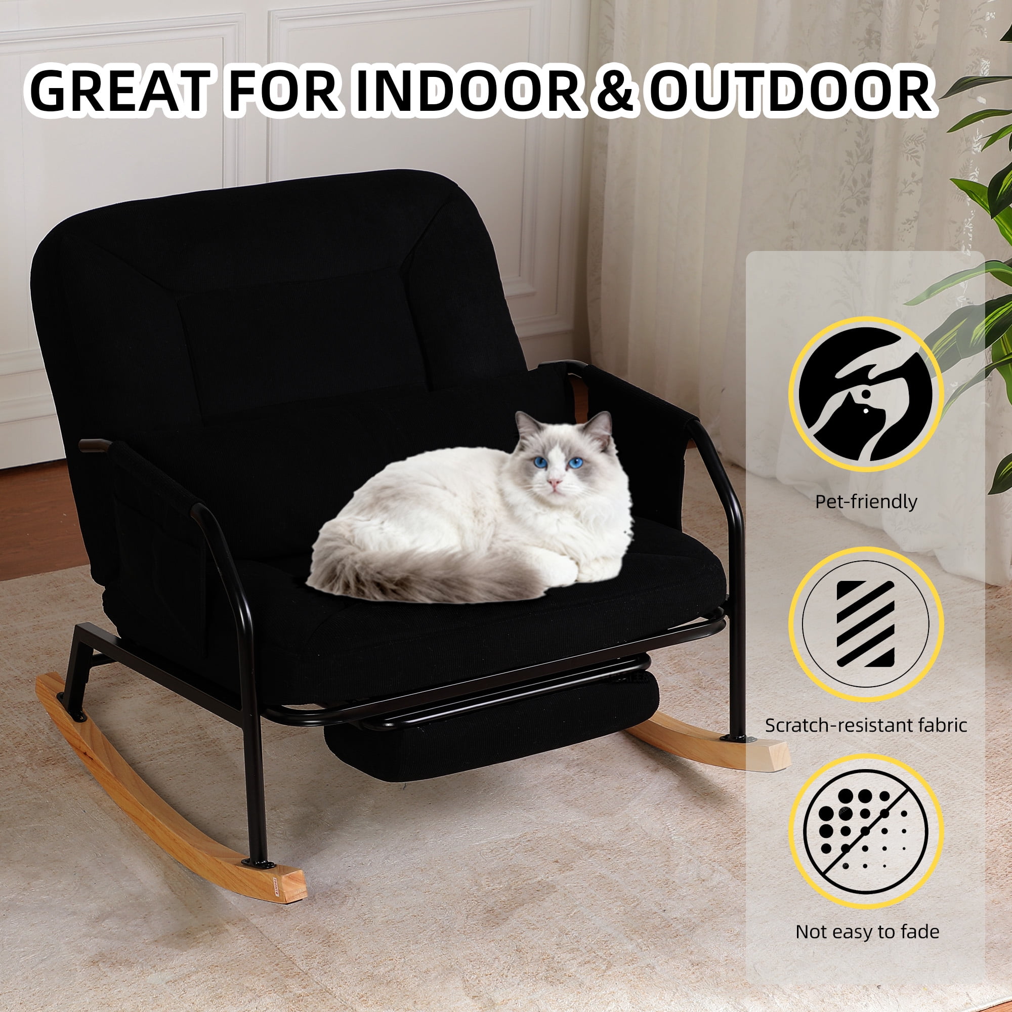 Hforesty Oversized Rocking Chair with Footrest ,Rocker Glider with Metal Farm,Wooden Bottom and Adjustable Backrest for Indoor Use: Balcony, Living Room or Bedroom.(corduroy)BLACK