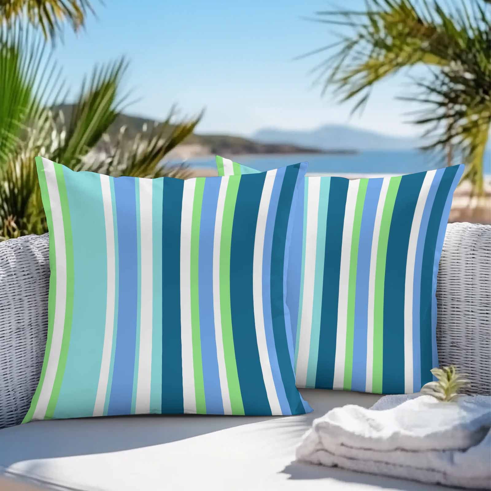 Blue Green Stripes Outdoor Pillow Covers Set of 2 White Striped Colorful Summer Texture Waterproof Throw Pillow Case Decorative Square Cushion Cover for Patio Couch Garden Balcony, 16"x16"