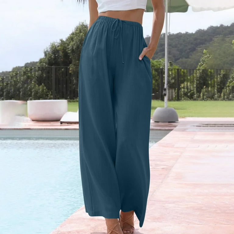 qolati Women s Cotton Linen Flare Pants Summer Casual Wide Leg Flowy Trousers Elastic Waist Drawstring Loose Lounge Pants with Pocket
