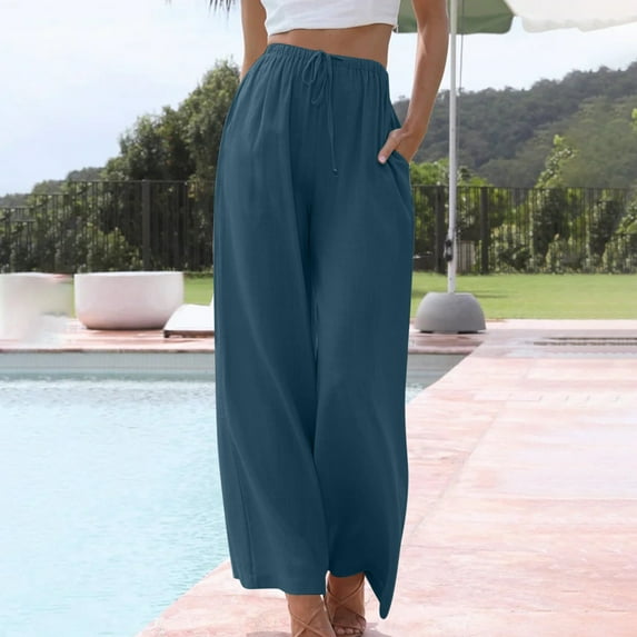 Womens Linen Palazzo Pants Elastic High Waist Wide Leg Drawstring Solid Color Summer Loose Casual Trousers With Pockets(X-Large,Blue)