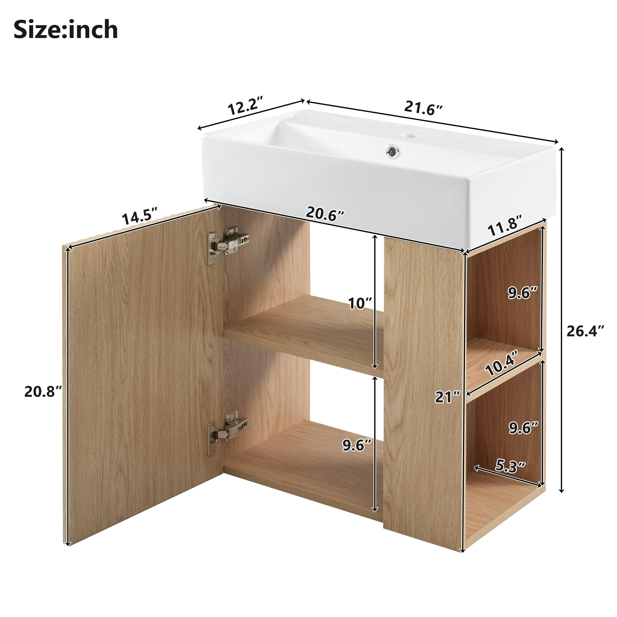 21.6" Floating Bathroom Vanity with Ceramic Basin - Perfect for Small Bathrooms, Right side storage