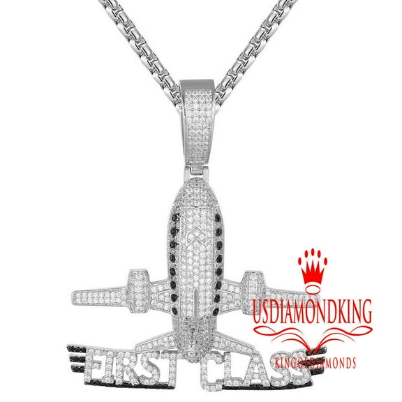 2 Tone White Gold Finish First Class Airplane Rich CEO Lab Diamond Pendant Charm