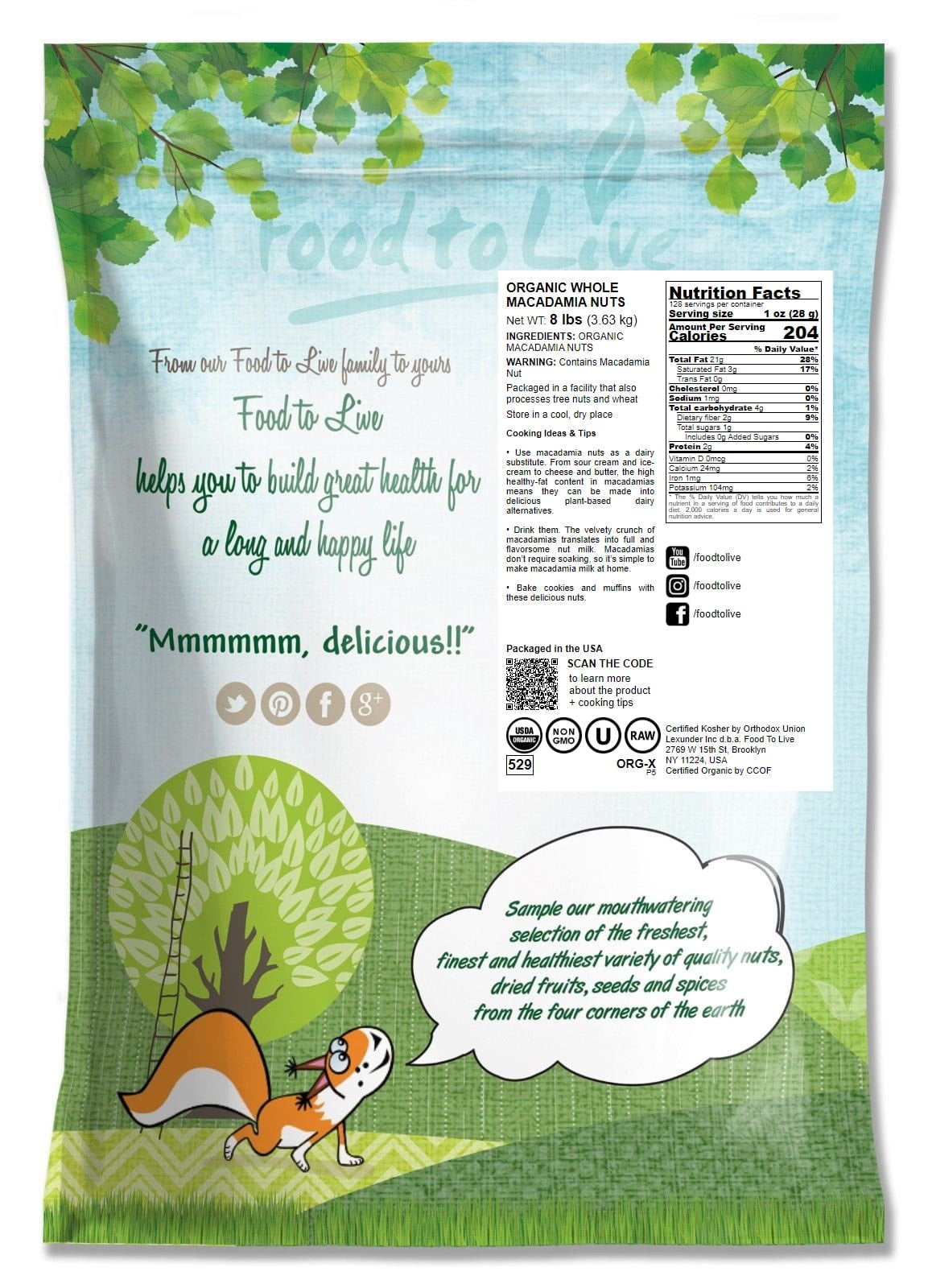 Organic Whole Macadamia Nuts, 8 Pounds - Non-GMO, Raw, Kosher, Vegan - by Food to Live