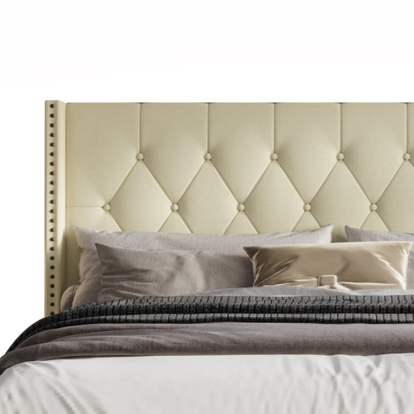 Home Design Andrea Queen Upholstered Storage Panel Bed Frame, Button Tufted Linen Wingback Headboard, Beige – Modern Adult Bedroom Furniture