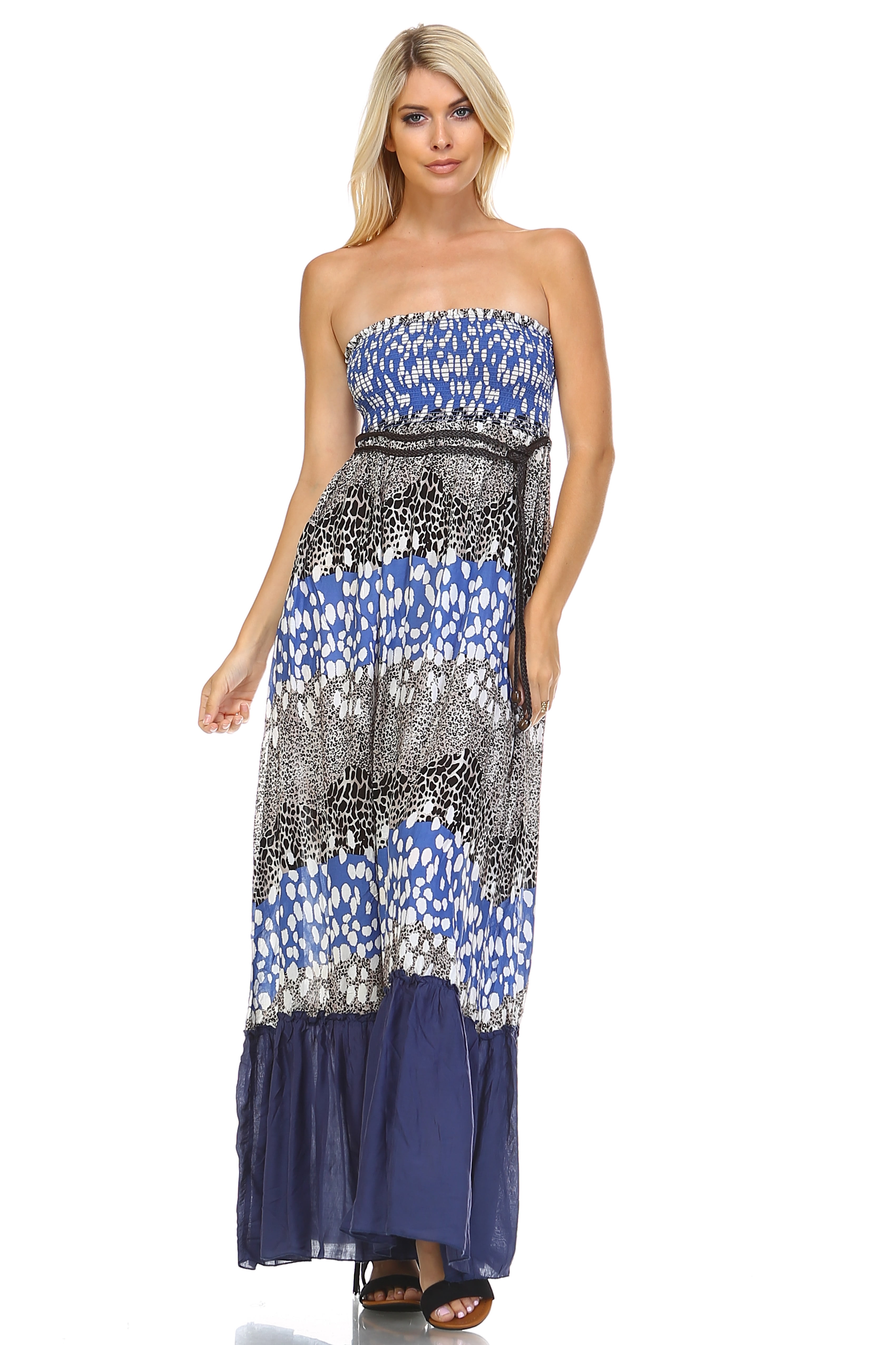 smocked strapless maxi dress