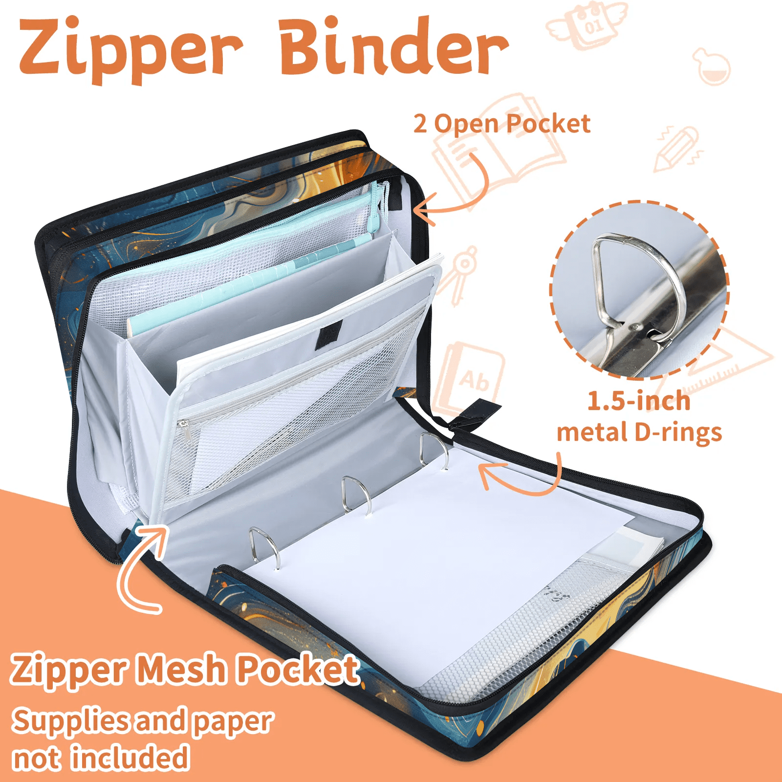Herdesigns Outer Space Zipper Binder 1.5 Inch 3 D-Rings with Shoulder Strap & Handle, Waterproof Universe Planet Rocket Binder Organizer Bag for 13 Inch Laptop