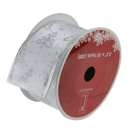 Pearl White and Silver Glitter Trees Wired Christmas Craft Ribbon 2.5