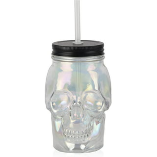 RUNOLIG Vintage Skull Glass Cup,With Built-In Straw,200ml/6.7oz