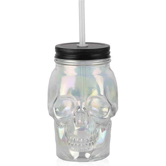 Servette Home 18oz Tumbler with Reusable Straw and Leakproof Lid Glass Skull Cup - Irridescent