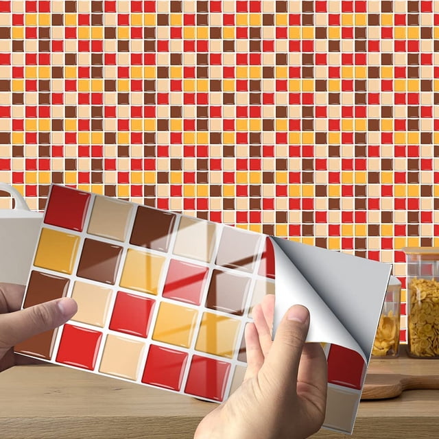 24/48 Piezas Rectángulo Adhesivo Decorativo para Azulejos para Baño y Cocina Pegatinas de Azulejos, (Mosaico Amarillo, 24 Piezas) Patrón de Mármol Mosaico Adhesivo Impermeable Decoración Rojo Verde MX-0133521FYD