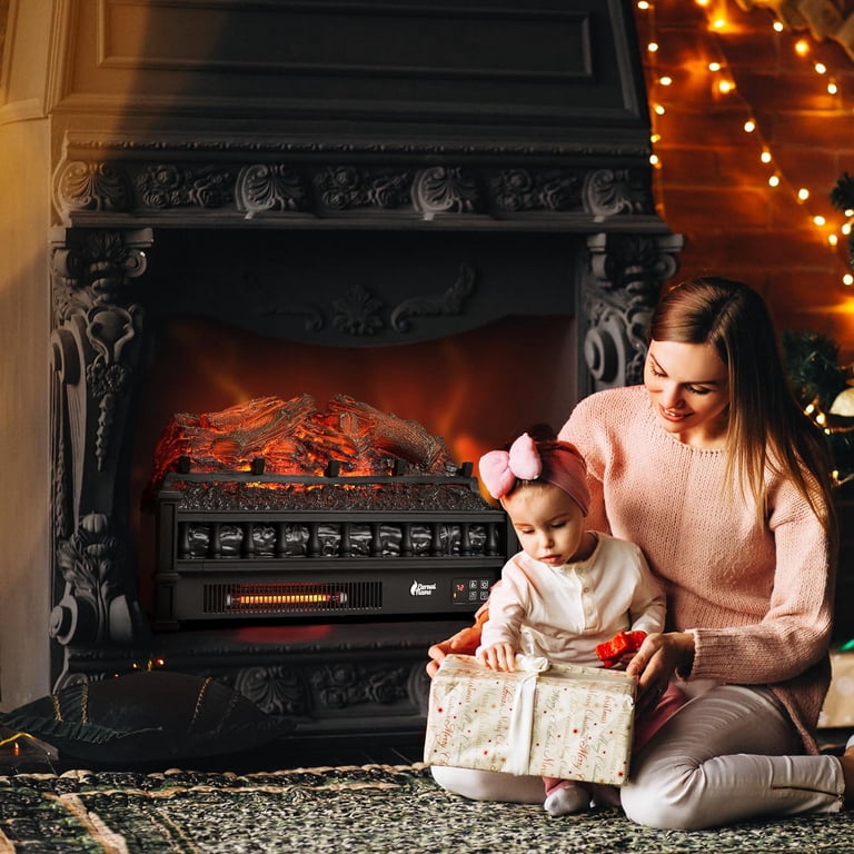 TURBRO Eternal Flame EF23-LG Electric Fireplace Logs - 23" Insert With Remote, Thermostat, Timer, Realistic Lemonwood Ember Bed, 1400W Black