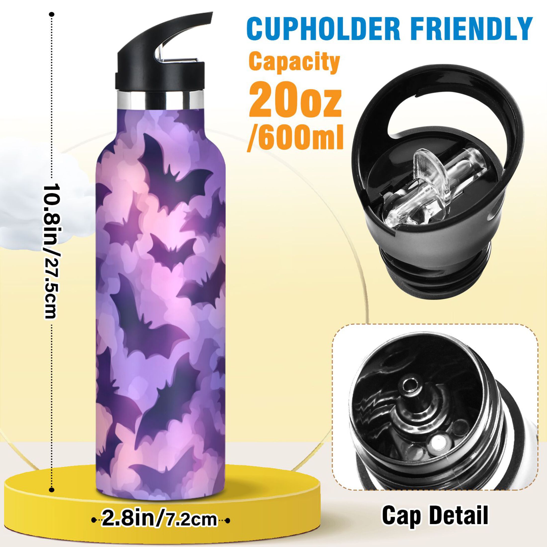 Kids Insulated Stainless Steel Sports Water Bottle 600ml (20oz) Purple Bats Pattern