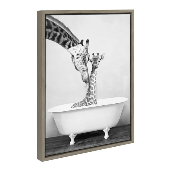 Kate and Laurel Sylvie Giraffe In Tub Framed Canvas Wall Art by Amy Peterson Art Studio, 18x24 Gray, Modern Fun Decorative Bathtub Wall Art for Home Décor