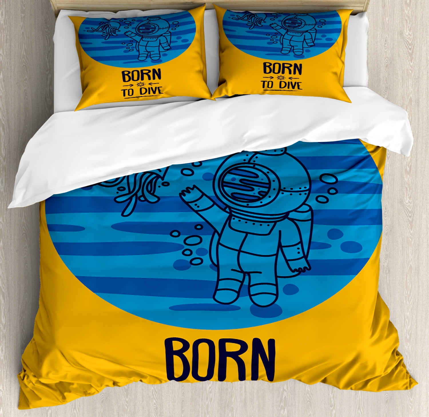 Underwater Duvet Cover Set Queen Size, Born to Dive Message with Diver