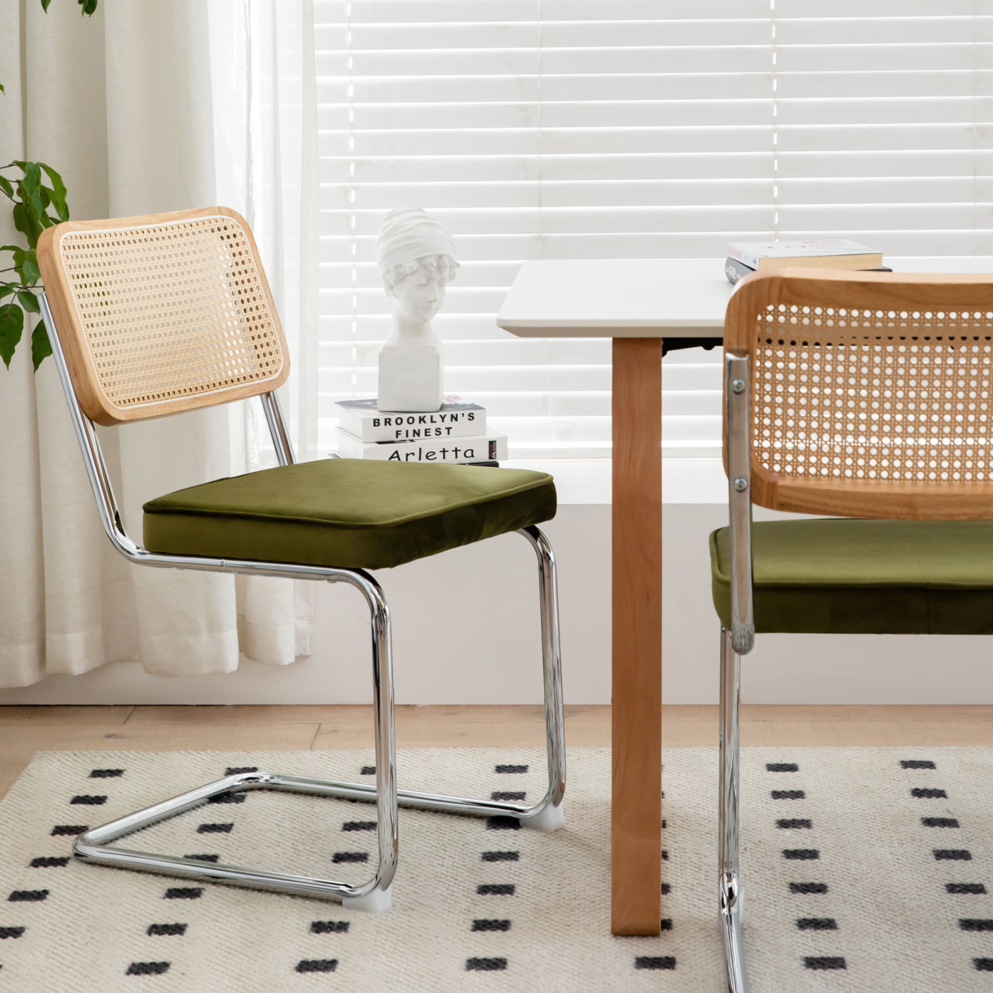 Leumius Set of 2 Dining Chairs, Velvet Rattan Side Accent Chairs with Chrome Legs, Modern Mid Century Breuer Designed Chairs for Dining Living Room Kitchen (Olive Green)