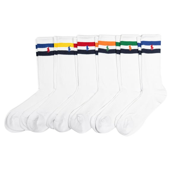 Polo Ralph Lauren Men's Athletic Performance Cotton Crew Socks-6 Pair Pack-Breathable Mesh & Sport Moisture Wicking, White Stripes, 6-12.5