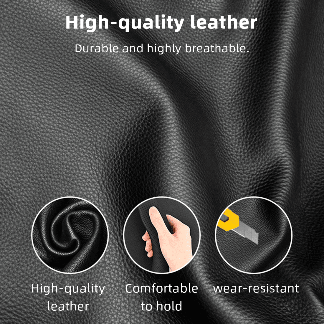 Flat Bottom Steering Wheel Cover, D Shaped Car Wheel Cover 14-14 1/4 in. (35.5-36 cm), for Tesla Model 3 / Y, for Camaro, Black Breathable Leather with Carbon Fiber Pattern