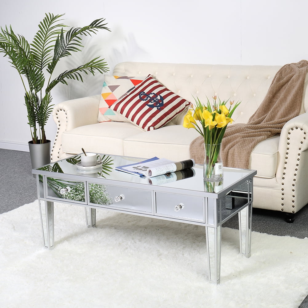 Kepooman Mirror Artificial Wood Coffee Table with 3 Drawers, Mirror Console Table for Living Room, Mirror Silver Kepooman Mirror Artificial Wood Coffee Table with 3 Drawers, Mirror Console Table for Living Room, Mirror Silver