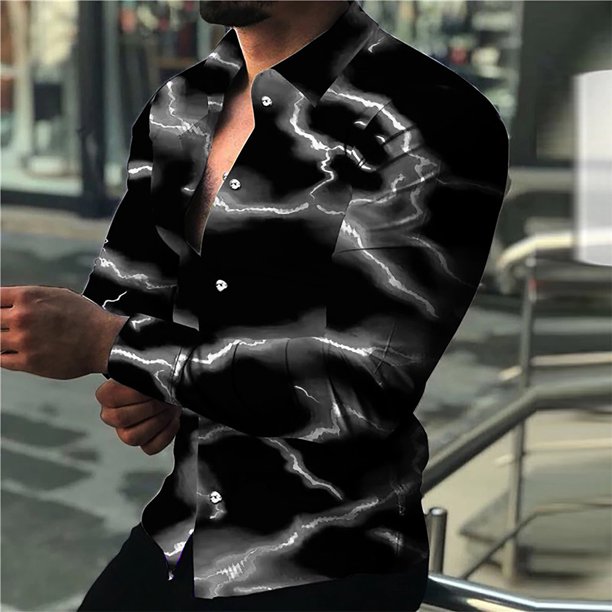 Camisa para hombre de gran venta, estampado 3D de relámpagos morados y rojos, ropa de calle de manga larga con botones, diseño de moda informal