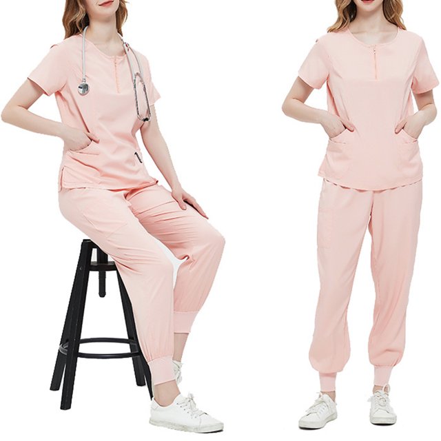 Meichang Ensembles de Blouses Médicales pour Femmes Couleur Unie Uniformes d'Infirmière Extensibles Manches Courtes Col Rond Hauts et Pantalons Jogger Ensemble de Travail avec Poches