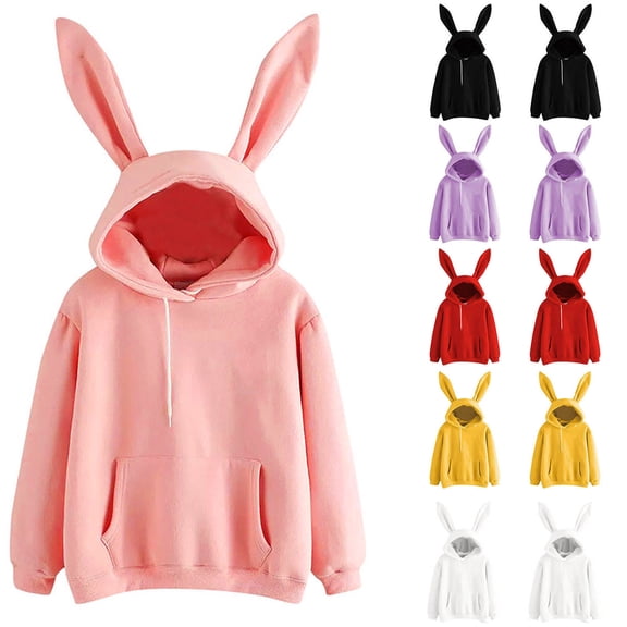 Hzzrkos Women Fashion Loose Solid Color Hooded Long Sleeve 3D Bunny‑Ear Design Pullover Hoodie Sweatshirt Top for Casual Daily‑Wear