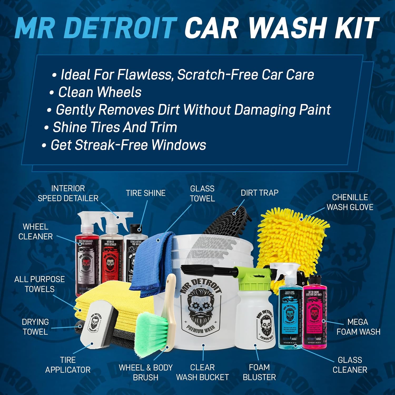 Mr. Detroit - 14pc Car Wash Kit with Foam Blaster, Bucket and Filter, Car Cleaners, Towels, Wash Glove, Brush, Sponge Pad, Exterior and Interior Detailing for Vehicles