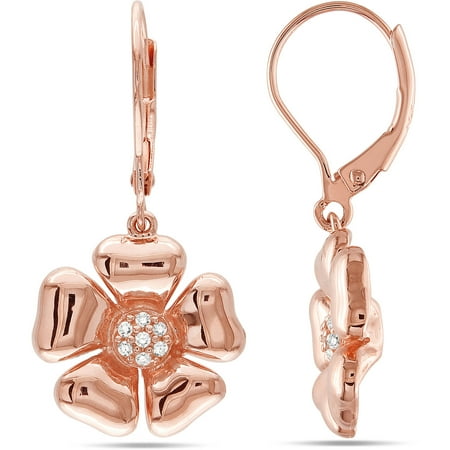 Miabella 1/10 Carat T.W. Diamond Pink Rhodium-Plated Sterling Silver Leverback Flower Earrings