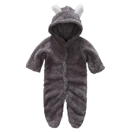 

Newborn Baby Solid Romper Unisex Infants Hooded Outfit Clothes Coral Fleece Jumpsuits S-XL