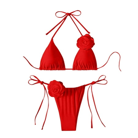 Atogsazn Women s Bikini Sets Spaghetti Strap Swimsuit Sliding Bathing Suit 2 Piece Bikinis Beachwear Red S on Clearance