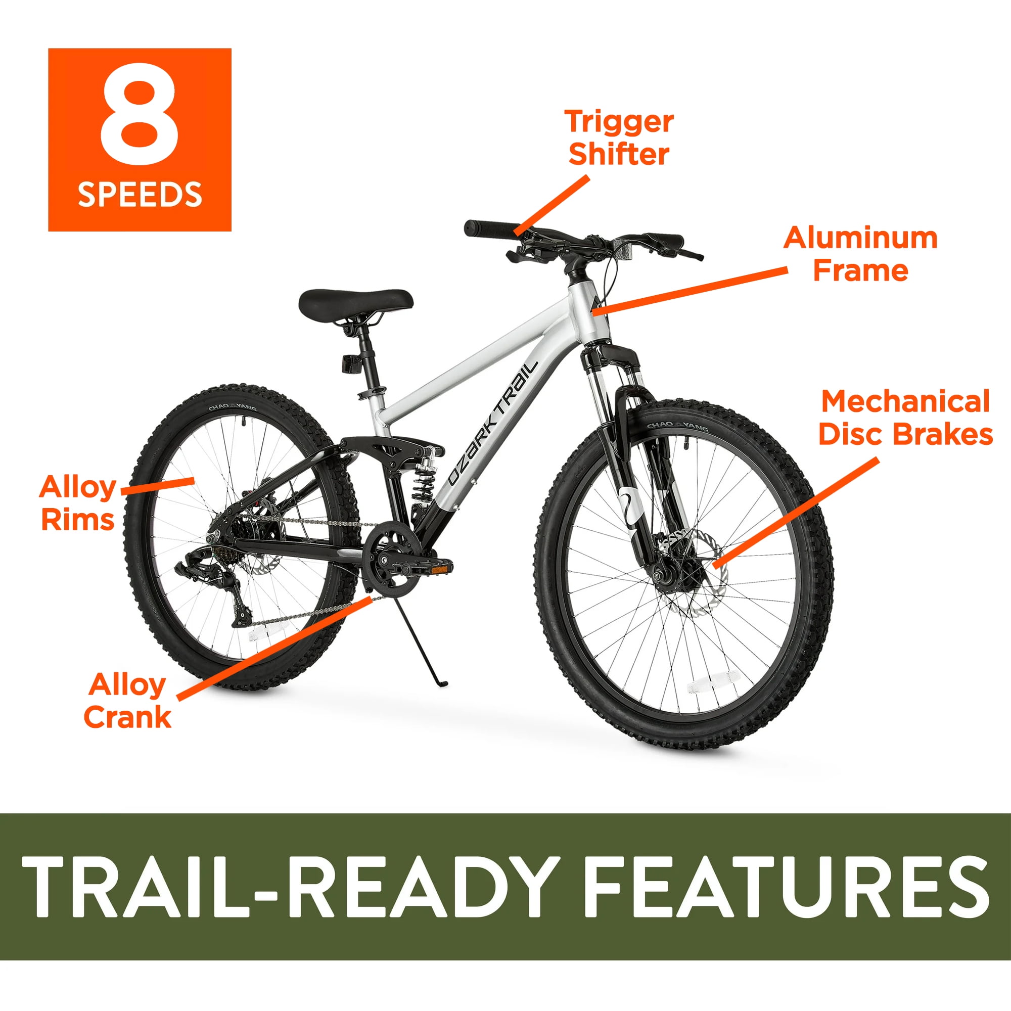 Ozark Trail 24" FS.1 Epictrail Full Suspension Mountain Bike, Fits Riders 4'6" - 5'6", Silver, Teens and Adults, Unisex