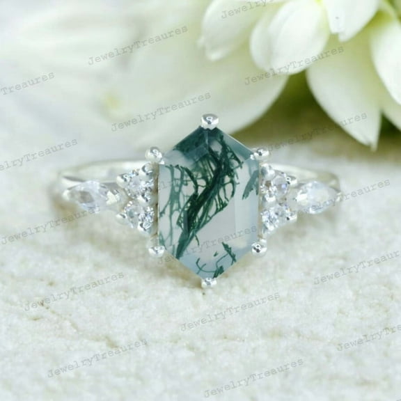 Natural Moss Agate Ring Long Hexagon Engagement Ring 925 Sterling Silver Women Ring Diamond Cluster Jewelry Vintage Statement Ring Gift for Wife