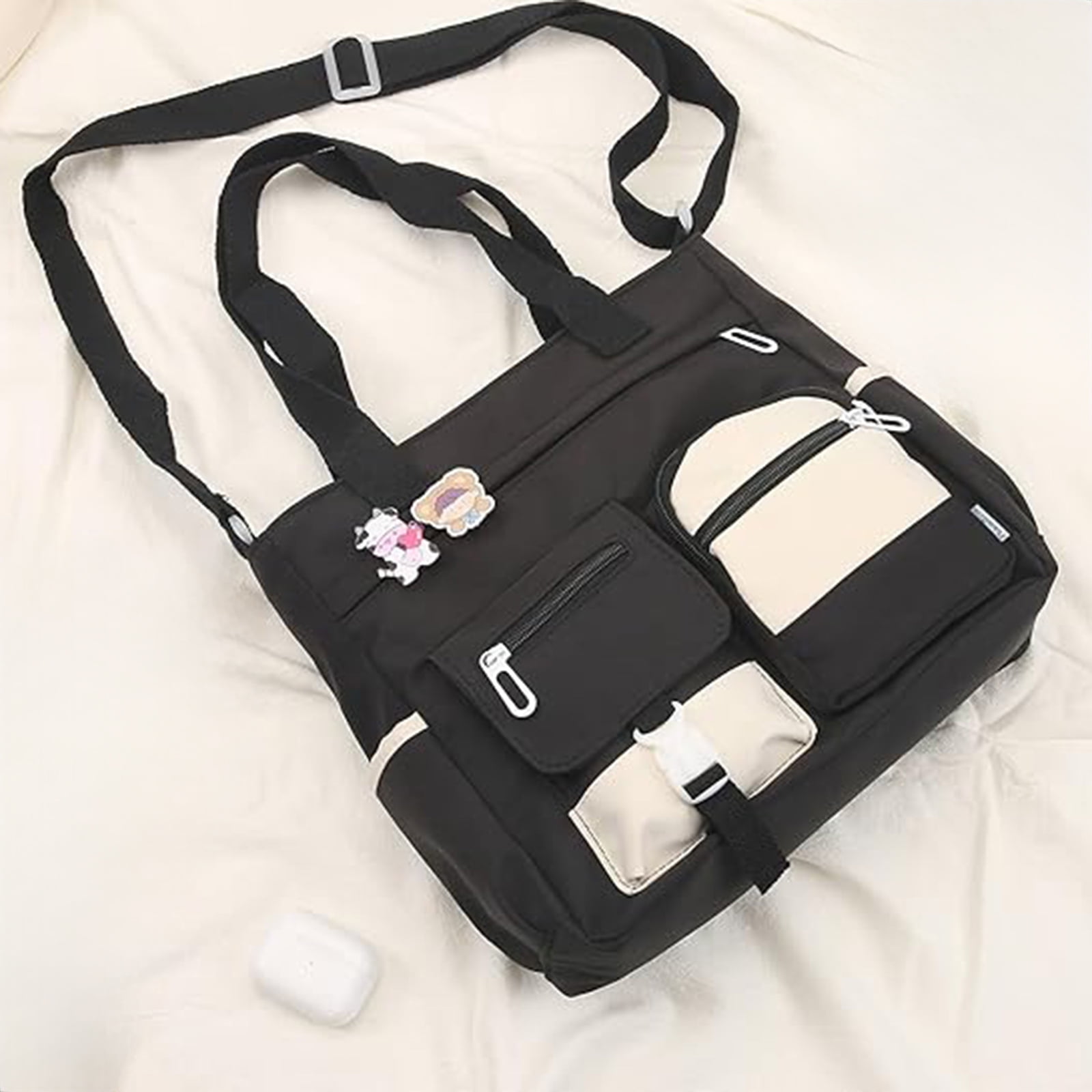 Womens Crossbody Bags for Teens Cute Messenger Purse Nylon Shoulder Tote Bags Multi Pockets Top Handle Satchel Handbags Black