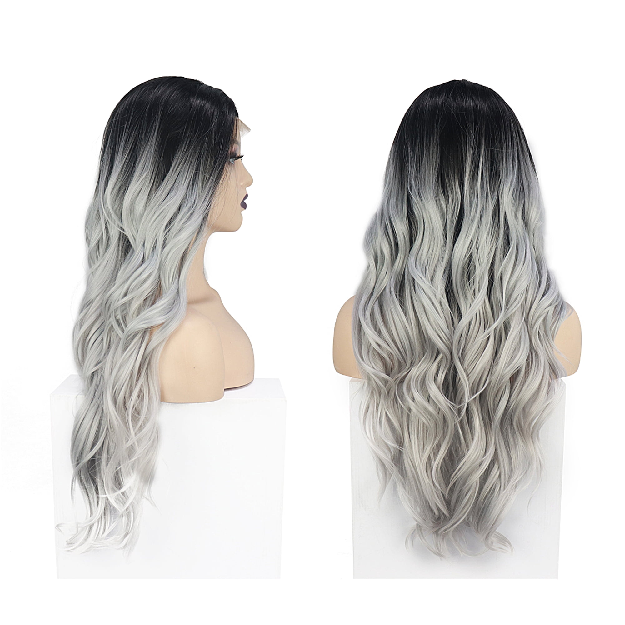 Unique Bargains Lace Front Wigs Long Body Wave for Women Lady Gradient Gray