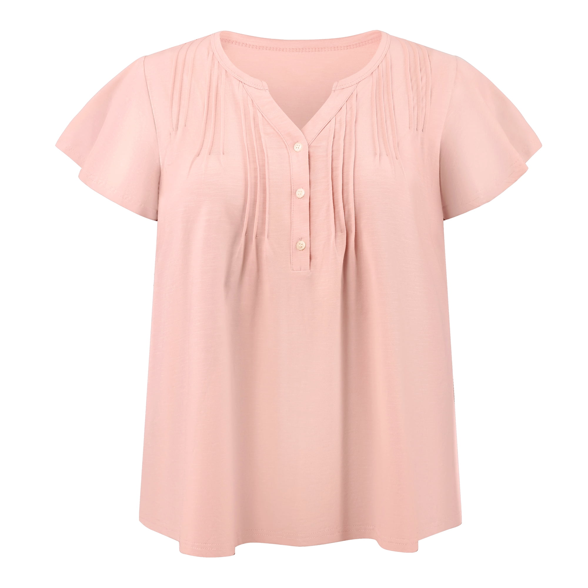 Women's Plus Women's Work Tops Button Notch Neck Ruffle Sleeve Casual Blouse 2X Pink