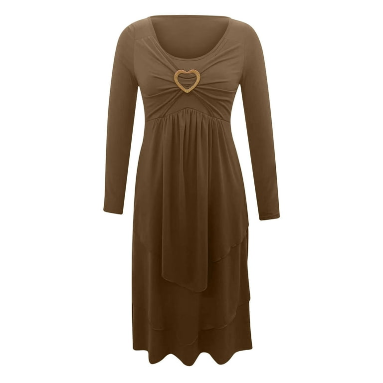 GUZYING Brown Dresses for Women Solid Color Long Sleeve Patchwork Lace Dress Plus Size Round Neck Fit and Flare Trendy Vacation Casual Dress Maxi