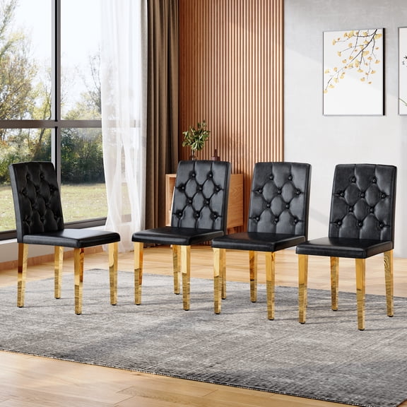 4-pack Black PU Dining Chairs, Ergonomic Buckle Backrest, 35'' High, Golden Metal Legs