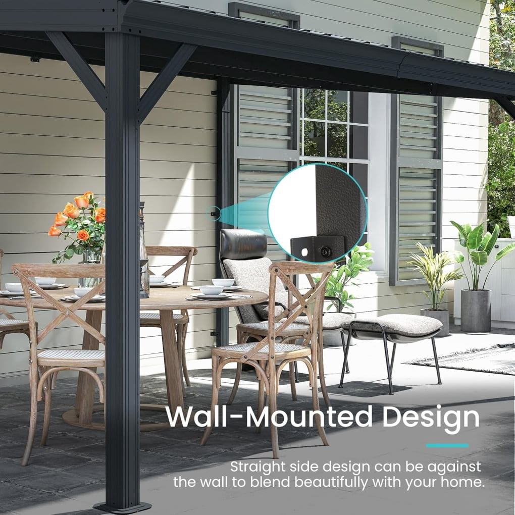 10x14FT Lean to Gazebo, Wall Mounted Gazebos Pergola with Drainage System, Upgraded Heavy Duty Awnings with Sloping Roof, Hardtop Patio Shelter for Deck, Porch, Backyard, Gray