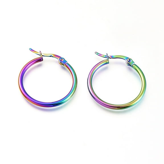 2 Pair 201 Stainless Steel Hoop Earrings with 304 Stainless Steel Pin Hypoallergenic Earrings Ring Shape Rainbow Color 25x2mm 12 Gauge Pin: 0.7x1mm